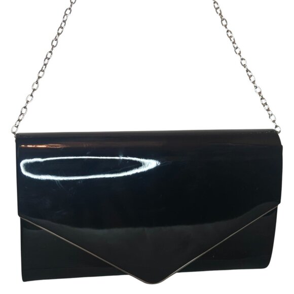 Le Château Handbags - Le Château Black Glossy Envelope Clutch Purse with Chain Strap (Prom/Party)